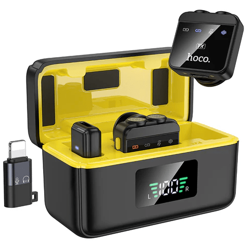 Hoco mobile phone accessories Premium Dual Wireless Digital Microphone w/ Lightning & Type C Dual Connector, Magnetic Lapel