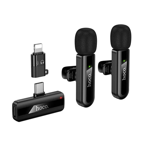 Dual Wireless Digital Microphone w/ USB-C Connector + Lightning Adaptor, DSP Noise Cancellation