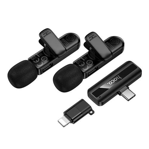 Dual Wireless Digital Microphone w/ USB-C Connector + Lightning Adaptor, DSP Noise Cancellation