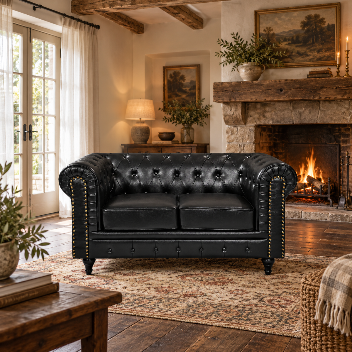 Boston Faux Leather Chesterfield 2 Seater Sofa - Black
