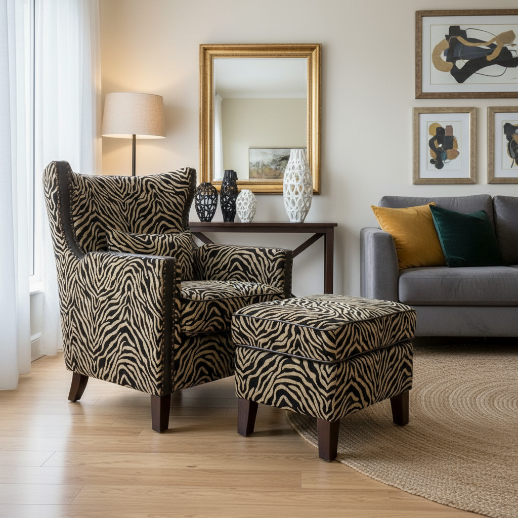 Occasional Arm Chair with Ottoman - Zebra Print