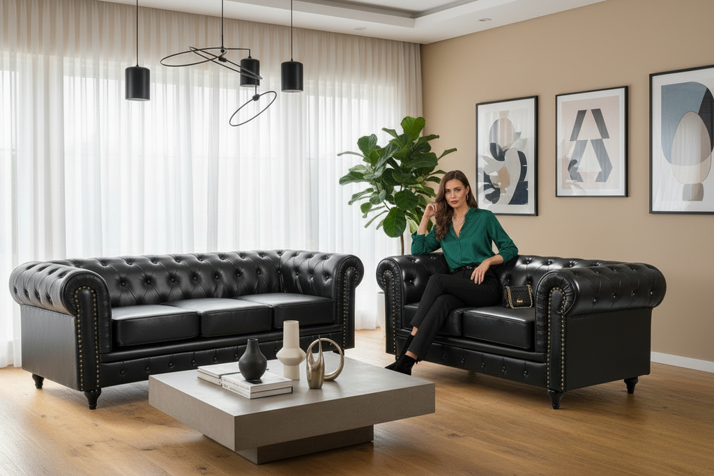 Boston Faux Leather Chesterfield Sofa Set - 3+2 - Black