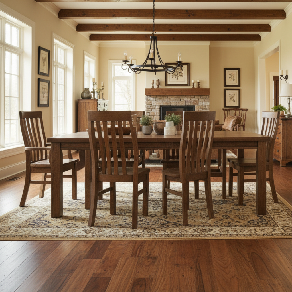 Wooden dining table with six matching chairs on a white background