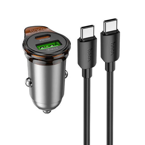 Hoco Car Charger 43W PD+QC Super Fast Car Charger w/ Mini Size, C to C Cable Included