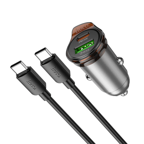 Hoco Car Charger 43W PD+QC Super Fast Car Charger w/ Mini Size, C to C Cable Included