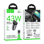 Hoco Car Charger 43W PD+QC Super Fast Car Charger w/ Mini Size, C to C Cable Included