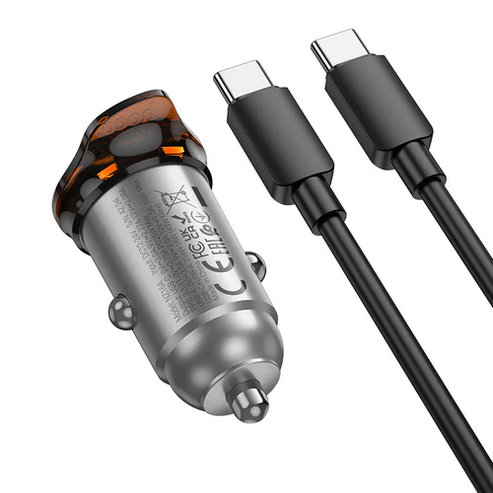 Hoco Car Charger 43W PD+QC Super Fast Car Charger w/ Mini Size, C to C Cable Included
