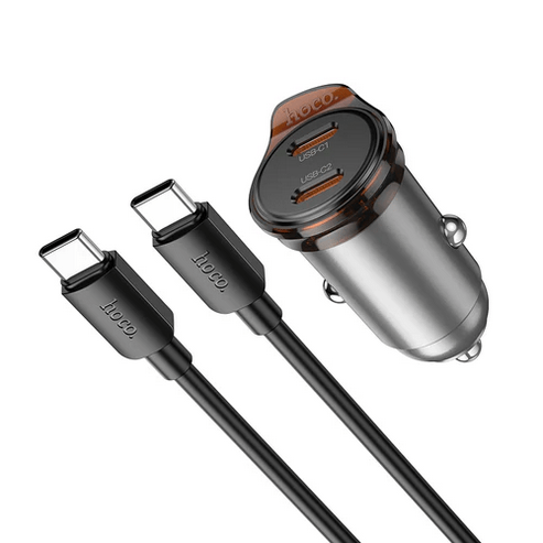 Hoco Car Charger 45W Dual USB C Super Fast Car Charger w/ Mini Size, C to C Cable Included
