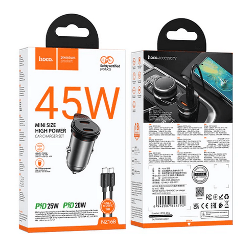Hoco Car Charger 45W Dual USB C Super Fast Car Charger w/ Mini Size, C to C Cable Included