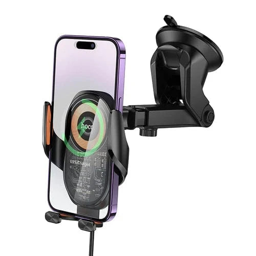 Hoco Car Phone Holder 15W Wireless Charging Phone Holder for Windshield & Dashboard w/ Transparent Design