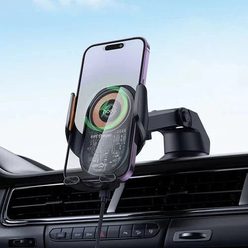 Hoco Car Phone Holder 15W Wireless Charging Phone Holder for Windshield & Dashboard w/ Transparent Design