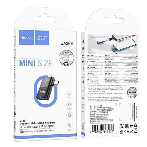 Hoco mobile phone accessories 2 in 1 OTG Adaptor w/ Lightning & USB-C male to USB-A female, Plug and Play, Data Transfer