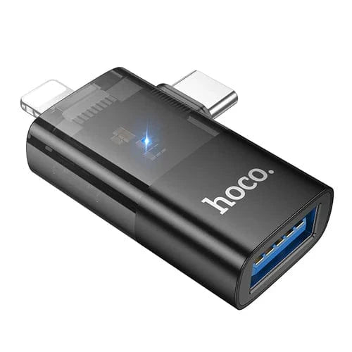 Hoco mobile phone accessories 2 in 1 OTG Adaptor w/ Lightning & USB-C male to USB-A female, Plug and Play, Data Transfer