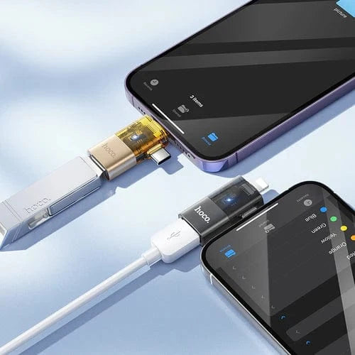 Hoco mobile phone accessories 2 in 1 OTG Adaptor w/ Lightning & USB-C male to USB-A female, Plug and Play, Data Transfer