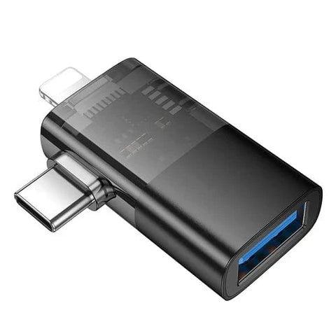 Hoco mobile phone accessories 2 in 1 OTG Adaptor w/ Lightning & USB-C male to USB-A female, Plug and Play, Data Transfer