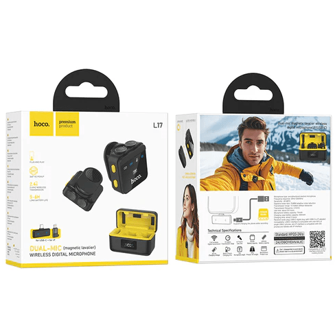 Hoco mobile phone accessories Premium Dual Wireless Digital Microphone w/ Lightning & Type C Dual Connector, Magnetic Lapel