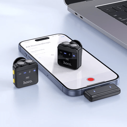 Hoco mobile phone accessories Premium Dual Wireless Digital Microphone w/ Lightning & Type C Dual Connector, Magnetic Lapel