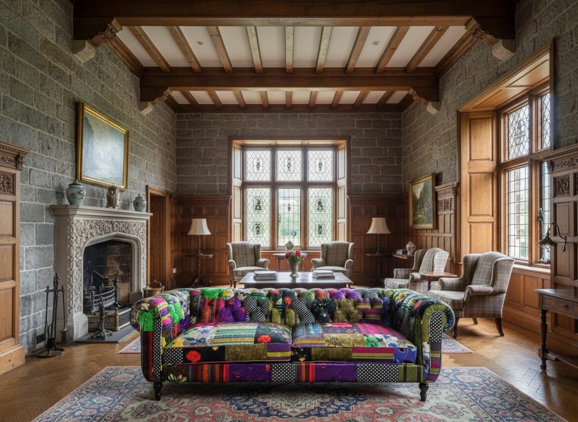 Colorful patchwork sofa in a grand room with stone walls, wooden beams, and large windows.
